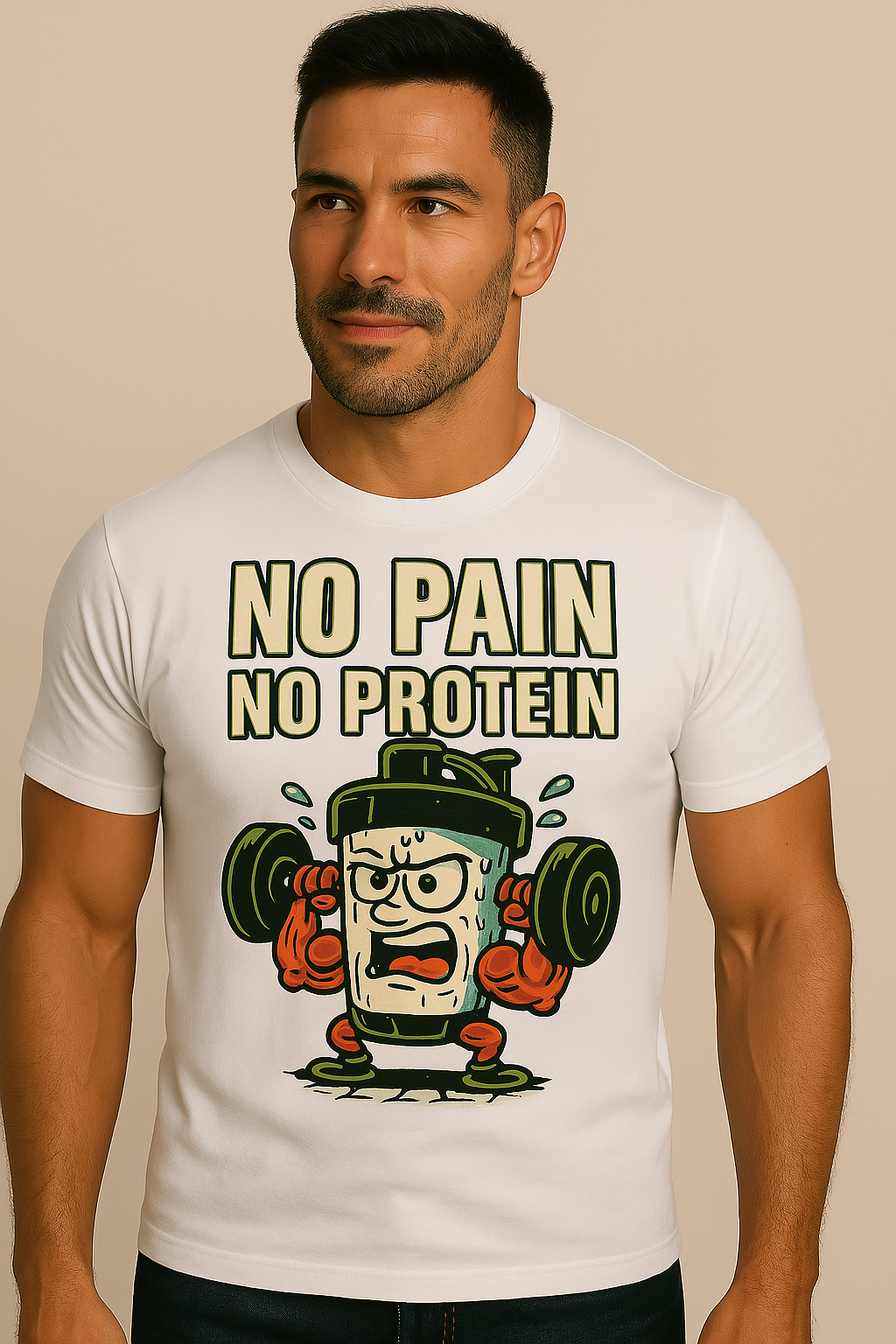unisex Gym guy no pain, no protein cool T-shirt.