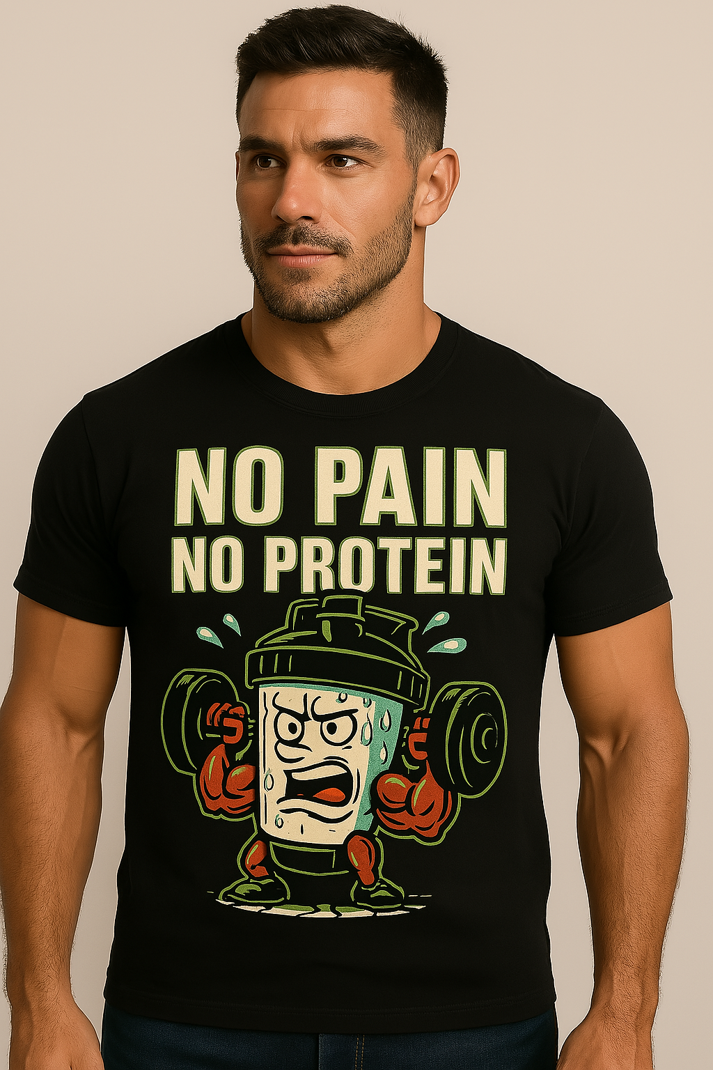 unisex Gym guy no pain, no protein cool T-shirt.